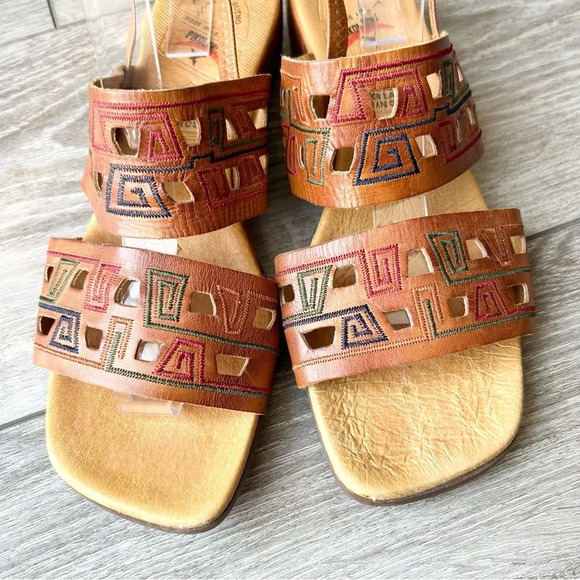 Pikolinos  Brown Tan Leather Embroidered Square Toe Slingback Sandals - Picture 3 of 14
